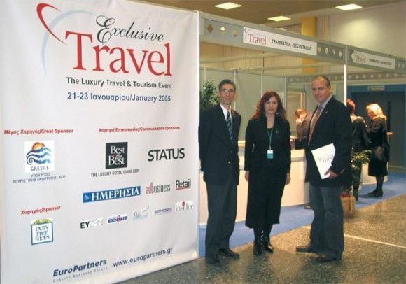 Alexis Caniaris, managing director of the fair's organizer, Europartners; Chrissa Karka, Exclusive Travel's welcome desk supervisor; and Chris Nicolaides, chairman of the fair's organizing committee.