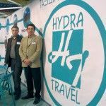 Hydra Travel's sales manager, Manos Matsakis, with the company's owner and general manager, Tassos Stavropoulos. Piraeus-based Hydra Travel had a plethora of staff on hand to promote the company's popular exotic all-inclusive vacations and well as special tourism packages, such as diving and motor sports holidays.