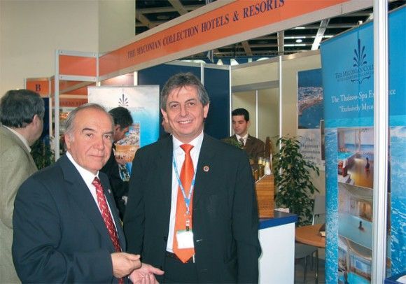 Two of the many Greek tourism professionals who managed to get some substantial work done during the fair included Amphitrion's chairman and CEO, Dinos Mitsiou, and Chandris Hotel Group's director of sales, Stavros Fillippelis.