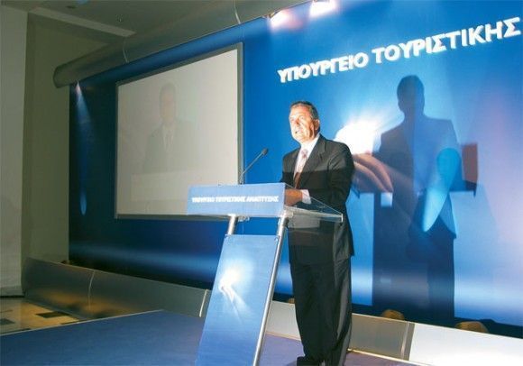 Tourism Minister Dimitris Avramopoulos in the ministry's tourism presentation room at Zappeio announces new tourism promotion campaign ideas.