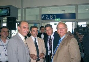 Greece Airways' chairman, Dhia Al Ani; the airline's managing director, Manos Ladopoulos; Athens Airport's marketing and PR manager, George Karamanos; and the airport's CEO, Alfred van der Meer.
