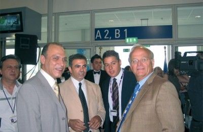 Greece Airways' chairman, Dhia Al Ani; the airline's managing director, Manos Ladopoulos; Athens Airport's marketing and PR manager, George Karamanos; and the airport's CEO, Alfred van der Meer.