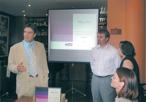 Leonidas Raftopoulos, airline marketing supervisor for Athens International Airport, and the general manager of Wizz Air, Jozsef Varadi, during the airline's Athens presentation.