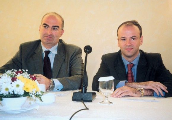 Georgos Tsakiris, the newly-elected president of the Attica Hoteliers' Association, with his new secretary general, Yiannis Retsos, during their first press call.