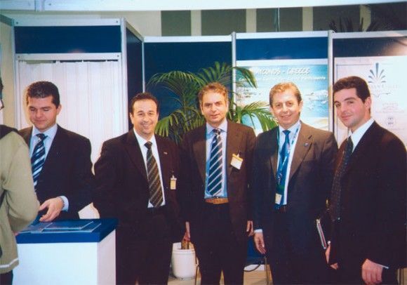 Two of the four Daktylides brothers, Vangelis and Marios (far left and far right), with guests Yiannis Missias of Sixt rent a car, Paris Deliniotis of LTU, and Stavros Filippelis of the Chandris group, during the recent ITB tourism fair in Berlin.
