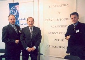 Branko Krasojevic, president of Yugoslav Travel Agencies Association (Serbia, Montenegro) with his executive board member, Arsenije Janevski, Radisav Stancovic, director of the Yugoslav Travel Agencies Association. All three took time to attend the signing ceremonies of the Balkan federation agreement and were on hand at the new federation's stand for most of Panorama.