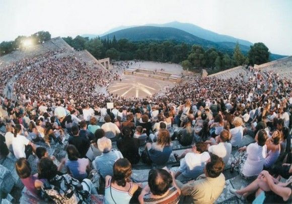 The ancient theater of Epidaurus in Peloponnese presents ancient Greek drama performances. It was built in the 4th century BC and seats 14,000.