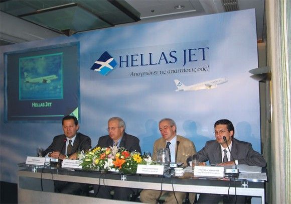 Tassos Mais, commercial director for Hellas Jet; Constandinos Loizides, president of Cyprus Airways; and Georgos Politakis and Stavros Agathithelou, representatives of the investing banks Omega and Alpha.