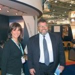 Aegean Airlines' public relations officer, Roula Saloutsi, and Aegean Aviation's Antonis Simigdalas on the airline's WTM stand. Mr. Simigdalas was called by the London GNTO office to speak on the airline's recent award as Airline of the Year
