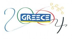 Within the background of "Greece" is 2004 in a design that shows the flowing of ribbons used by the Olympic gold medal winning Greek rhythmic team