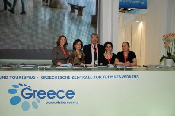 Director of the GNTO in Germany Ilias Galanos (center) at ITB Berlin 2010 with Irene Trutwig, Olympia Tsioulaki, Maria Zarnakoupi and Claudia Stohr Geranastassis.